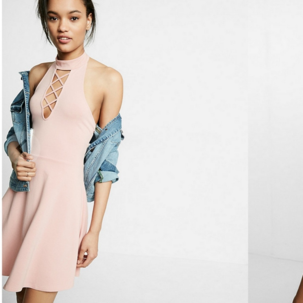 Lace Up Mock Neck Fit and Flare Dress